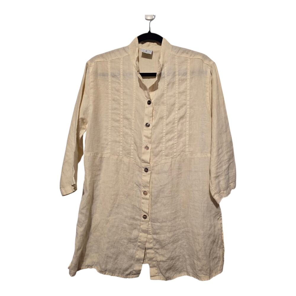 Click Color me Cotton 100% Linen Button Shirt Womens MED Butter Yellow Lagenlook